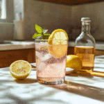 pink salt trick detox drink in glass with lemon and vinegar
