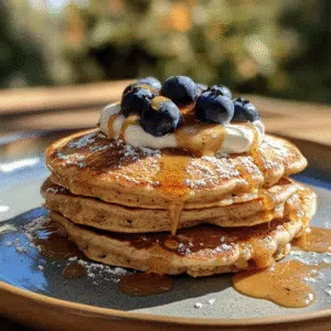 Stack of protein pancakes mix with yogurt and fruit