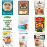 Comparison of top protein pancake mix brands including Krusteaz, Kodiak Cakes, Bob’s Red Mill, Simple Mills, FlapJacked, Birch Benders, Orgain, Purely Elizabeth, and King Arthur Baking.