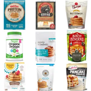 Comparison of top protein pancake mix brands including Krusteaz, Kodiak Cakes, Bob’s Red Mill, Simple Mills, FlapJacked, Birch Benders, Orgain, Purely Elizabeth, and King Arthur Baking.