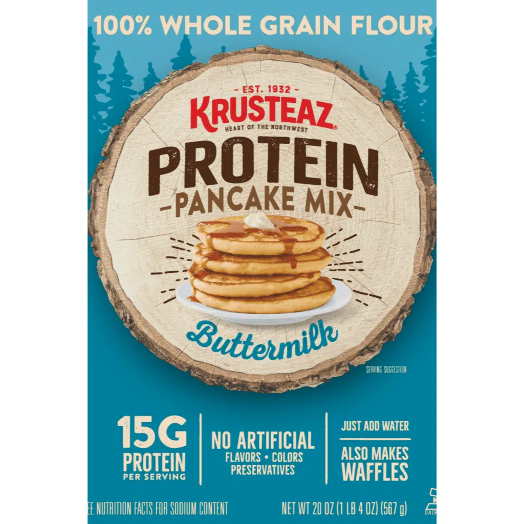 Krusteaz Protein Pancake Mix Buttermilk flavor with 15g protein and no artificial ingredients