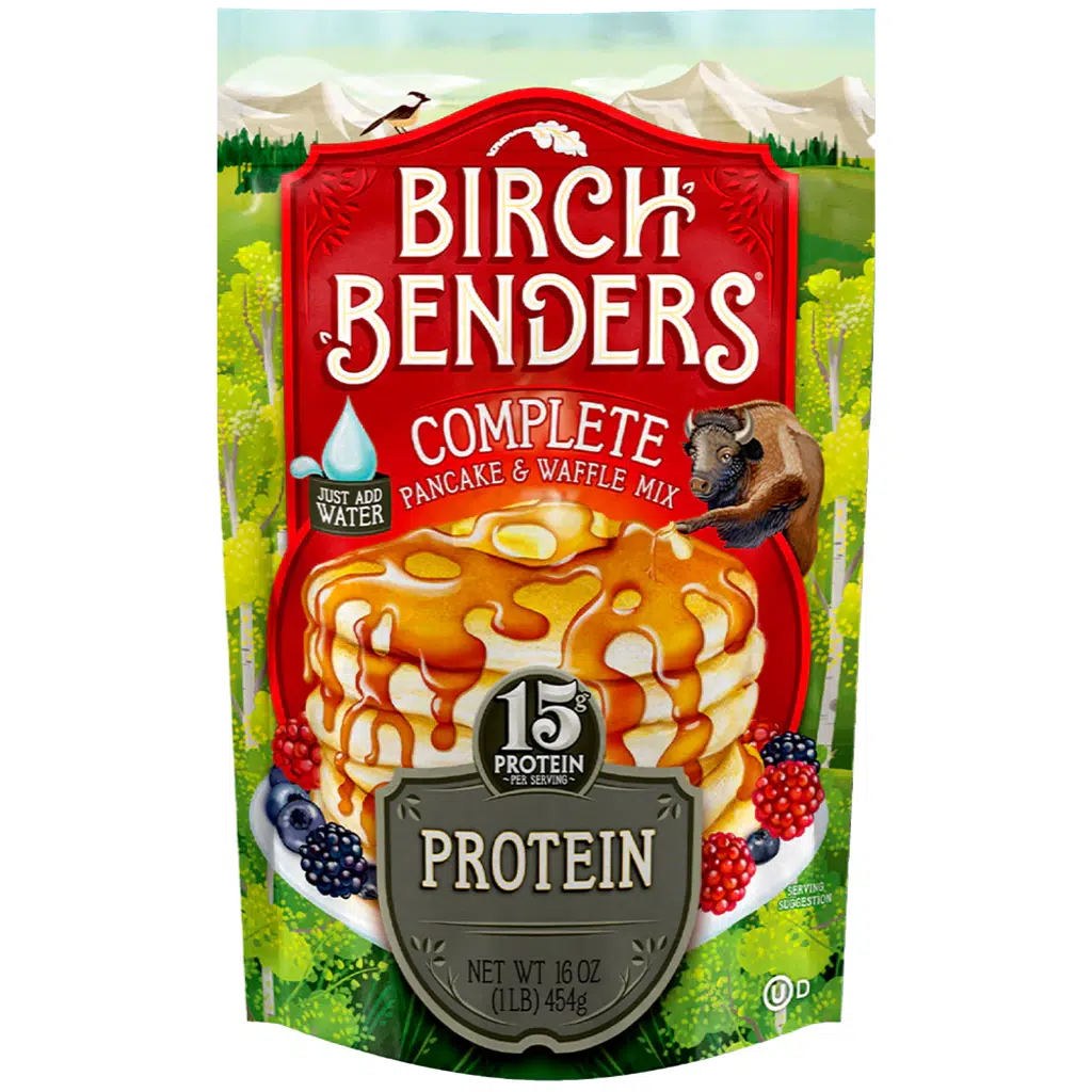 Birch Benders Protein Pancake Mix with 15g protein per serving and colorful natural packaging