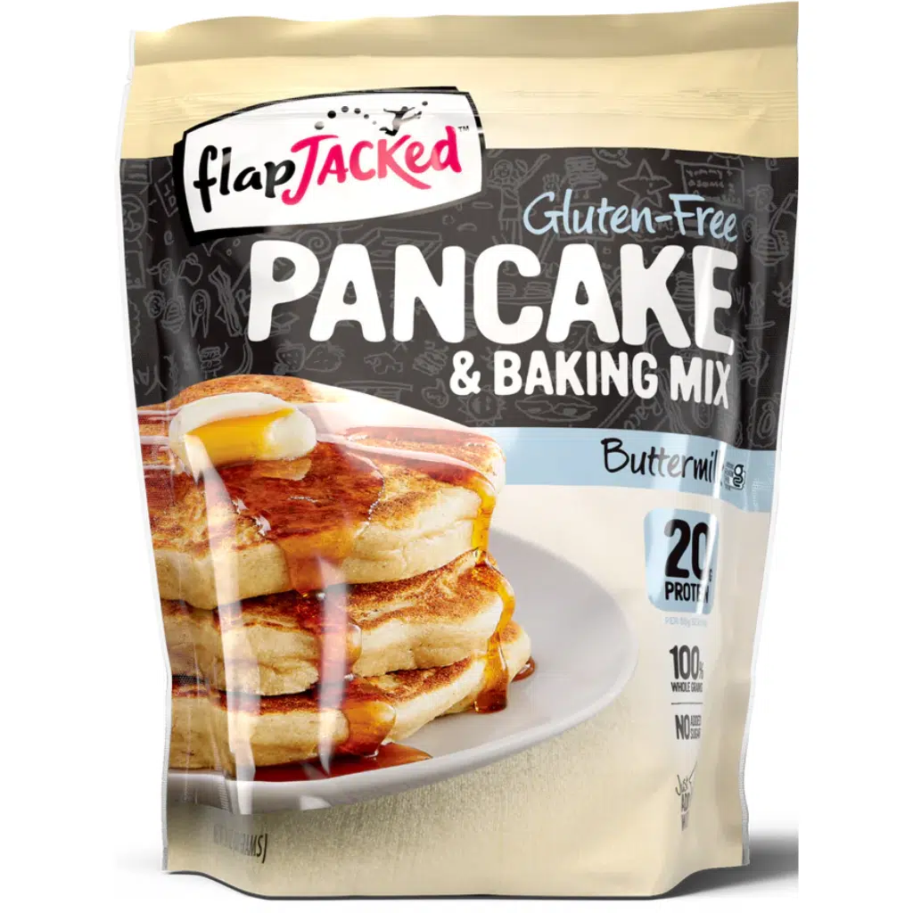 FlapJacked buttermilk pancake mix with 20g protein per serving, gluten-free