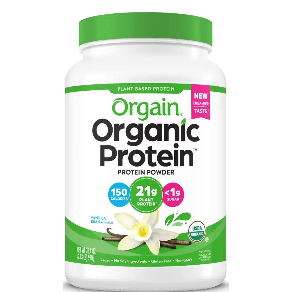 Orgain plant-based organic protein mix with vanilla flavor and 21g protein