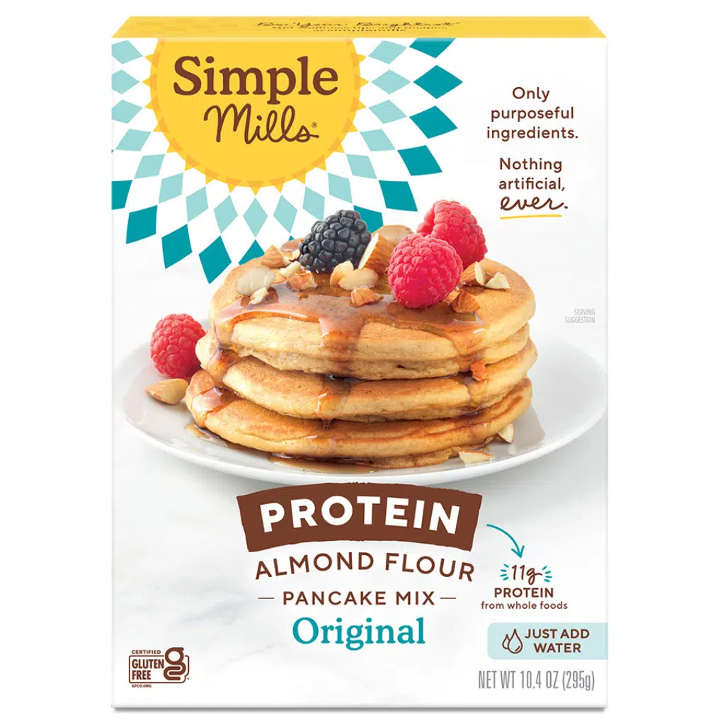 Simple Mills almond flour protein pancake mix with berries on packaging