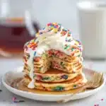 Stack of IHOP cupcake pancakes topped with cream cheese frosting, whipped cream, and rainbow sprinkles