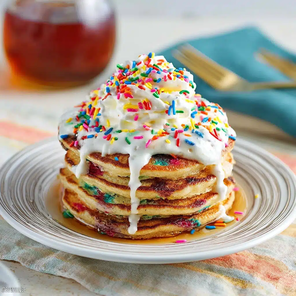 Stack of funfetti-style IHOP cupcake pancakes with whipped cream and sprinkles