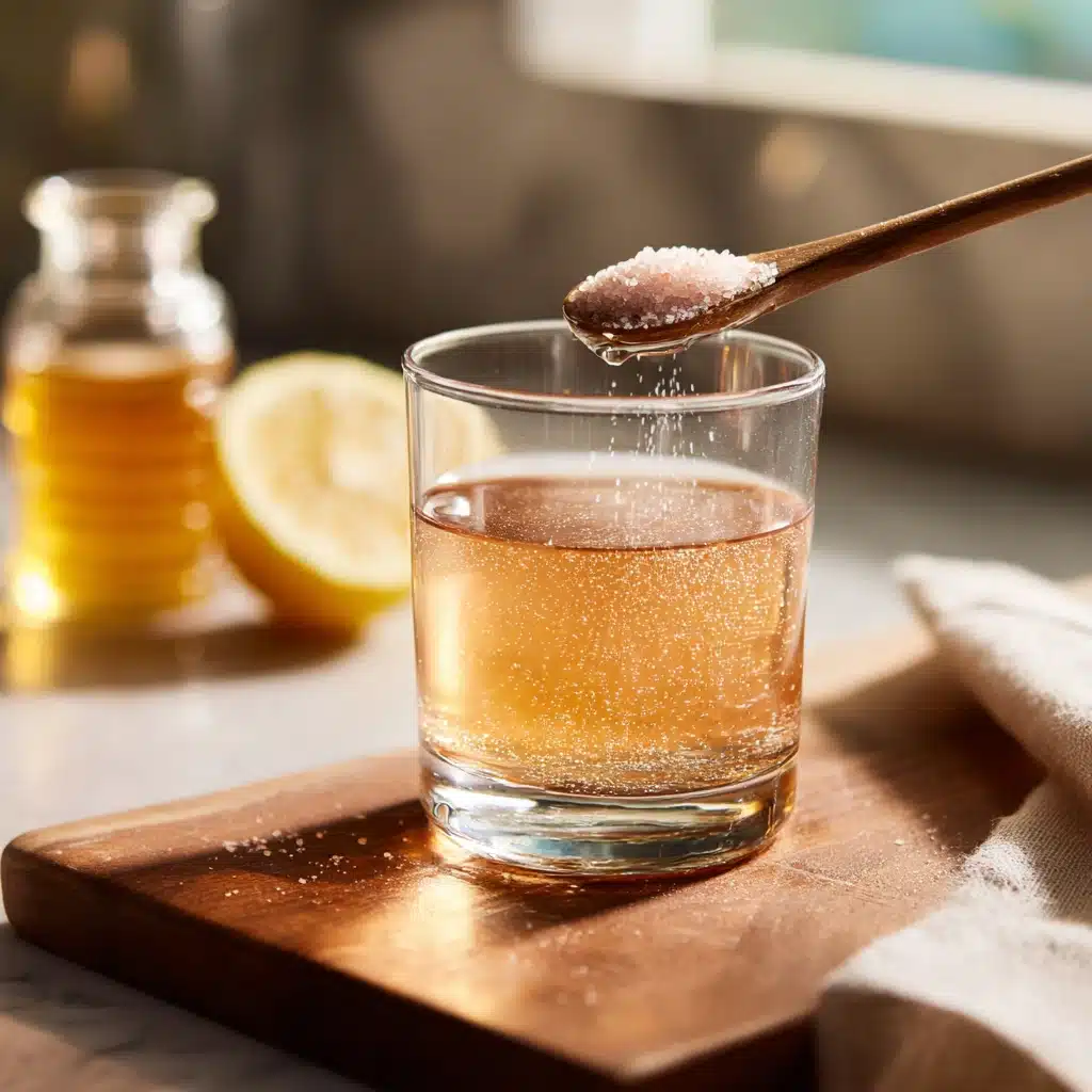 adding pink Himalayan salt to apple cider vinegar drink with lemon and honey
