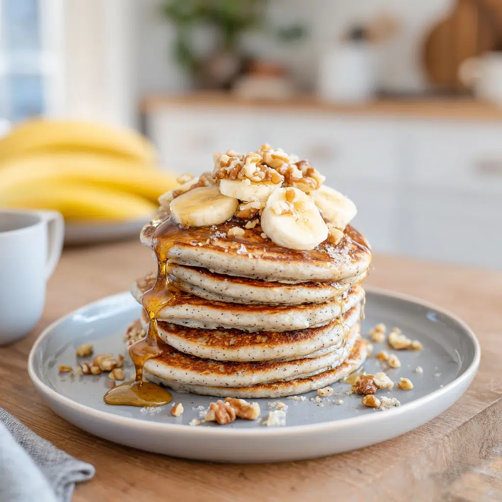 Banana walnut Kodiak protein pancakes with maple syrup