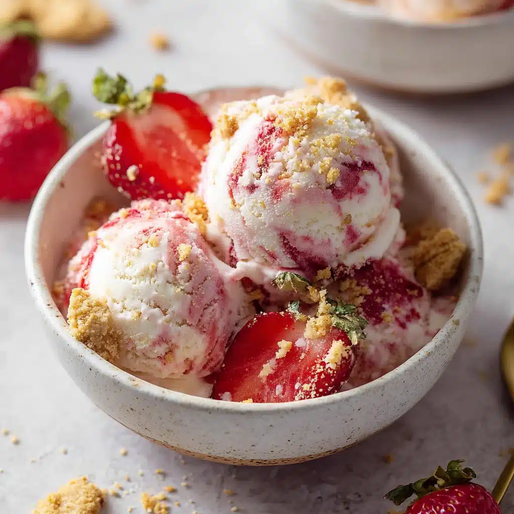 Bowl of no-churn strawberry shortcake ice cream with fresh strawberry and cookie crumbles