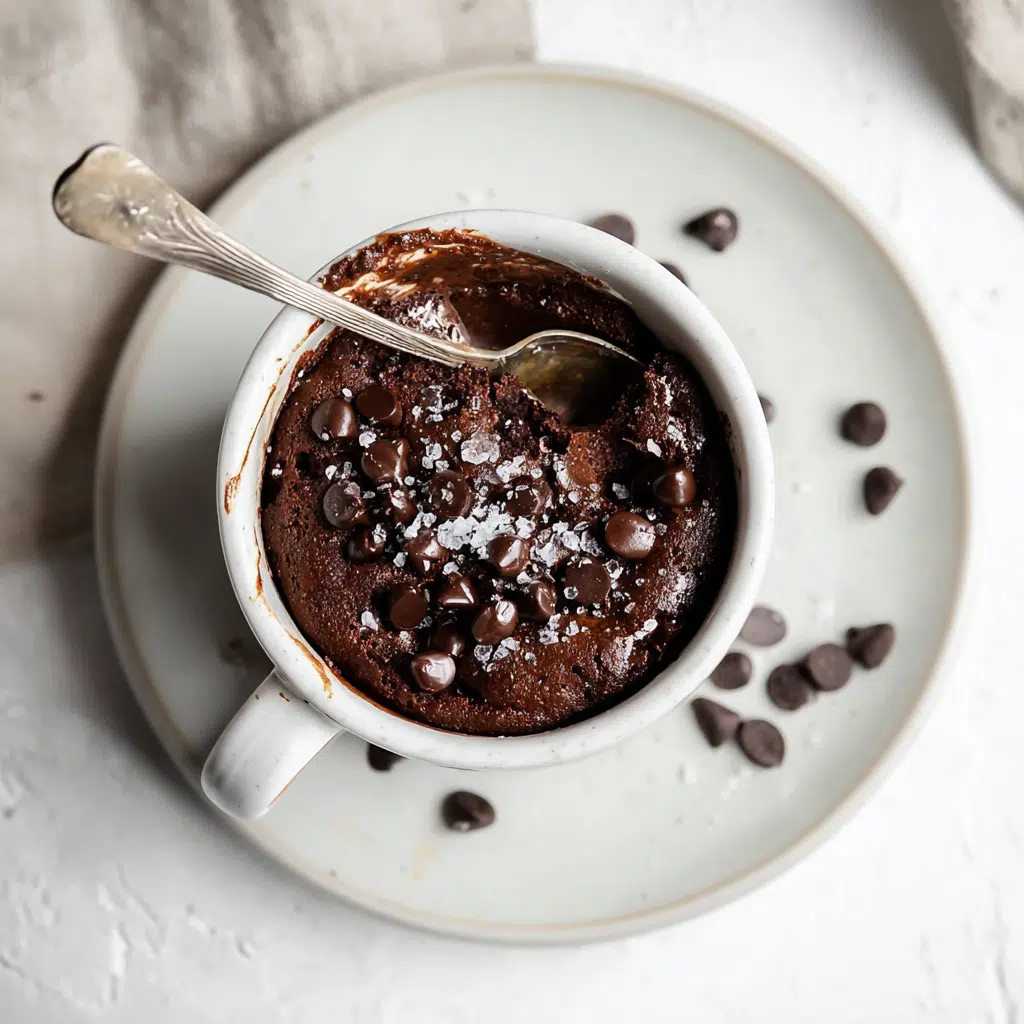 Top-down view of chocolate protein mug cake with melted chocolate chips and sea salt in a white mug
