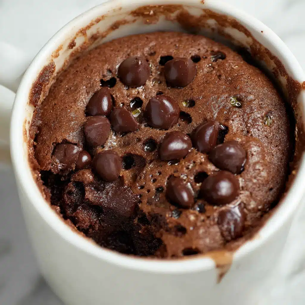 Close-up of chocolate chip protein powder mug cake with gooey center