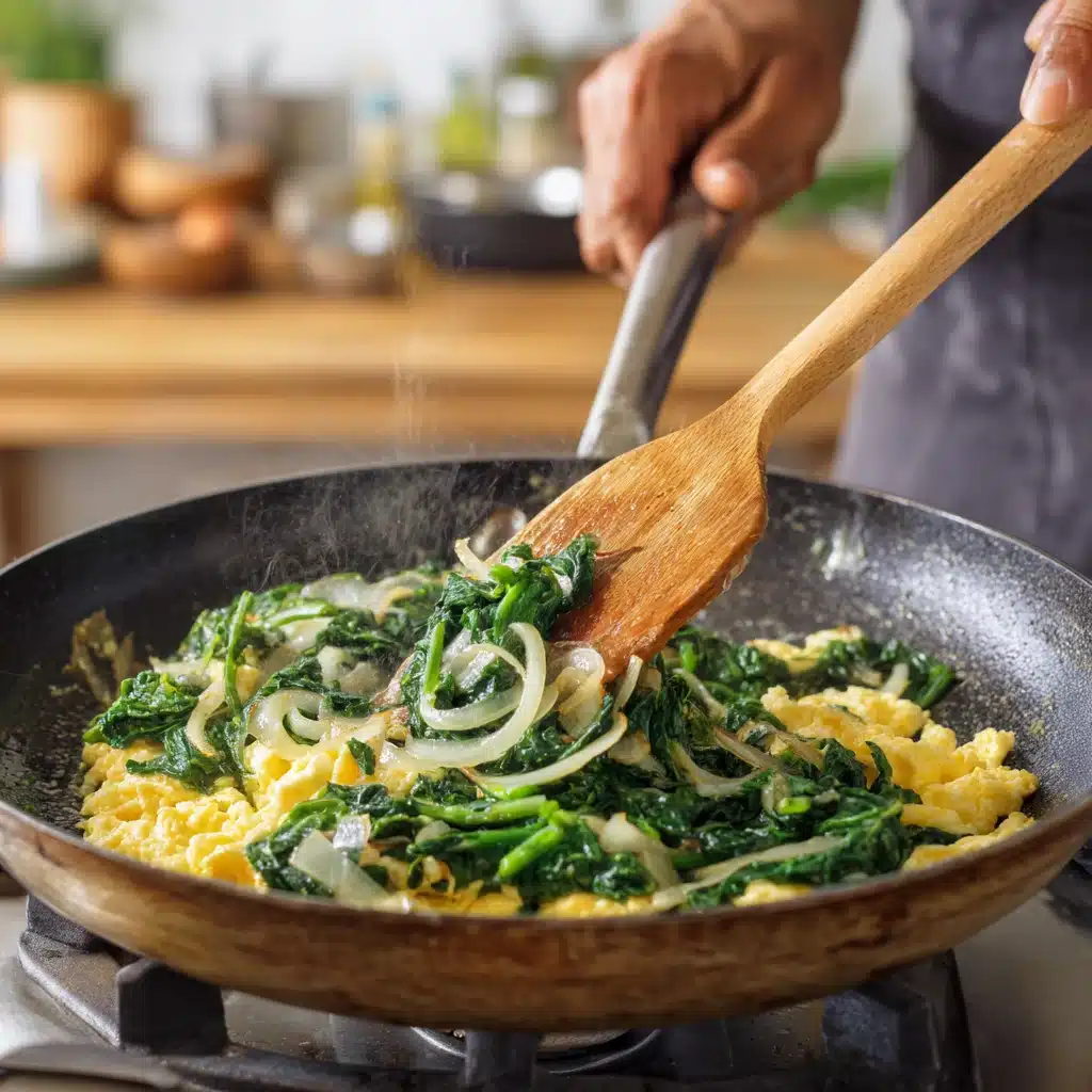 Cooking spinach and eggs in a skillet for a healthy breakfast