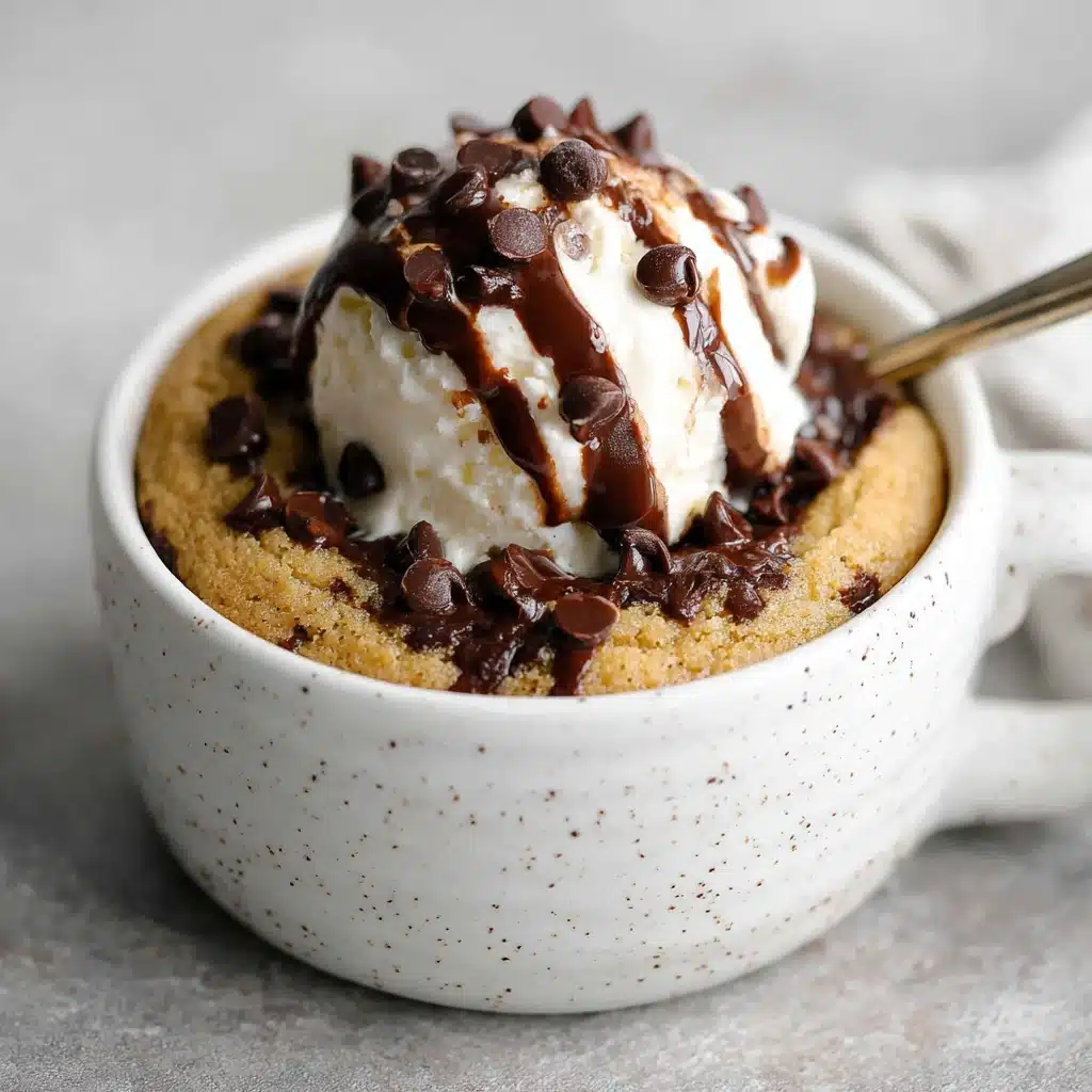 A warm high protein mug cake in a white mug, topped with vanilla ice cream, melted chocolate drizzle, and mini chocolate chips