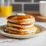 Stack of fluffy Kodiak pancake mix pancakes with butter and syrup in a modern kitchen