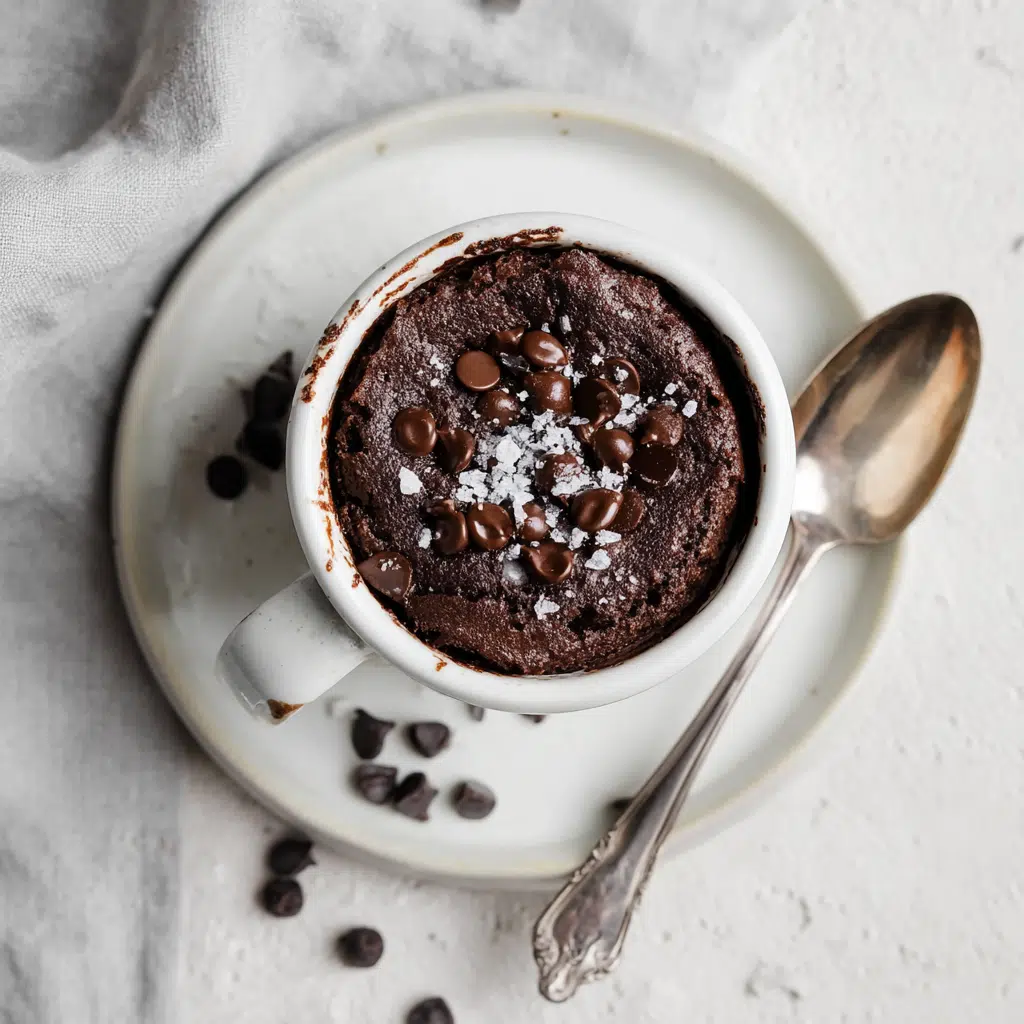 Cooked chocolate protein mug cake topped with melted chocolate chips and flaky sea salt in a white mug on a plate