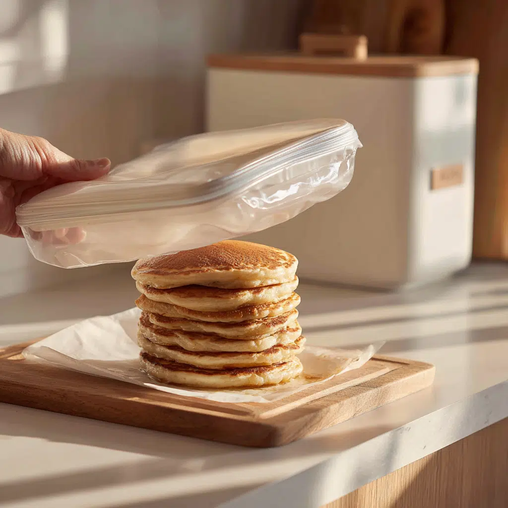 Kodiak pancakes being stored in parchment-lined freezer bag