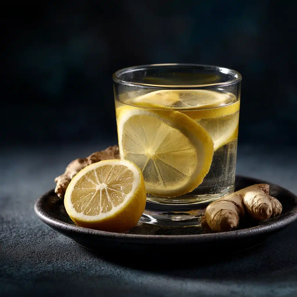 Ginger lemon and Himalayan salt shot in a glass on dark counter
