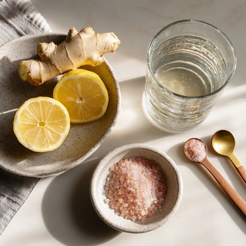 inger lemon and Himalayan salt detox drink ingredients flat lay