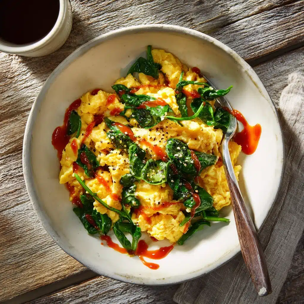 Scrambled eggs with spinach served with toast and juice at a breakfast table