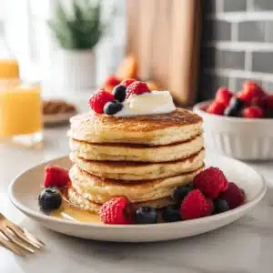 High-protein pancakes mix breakfast with yogurt and berries