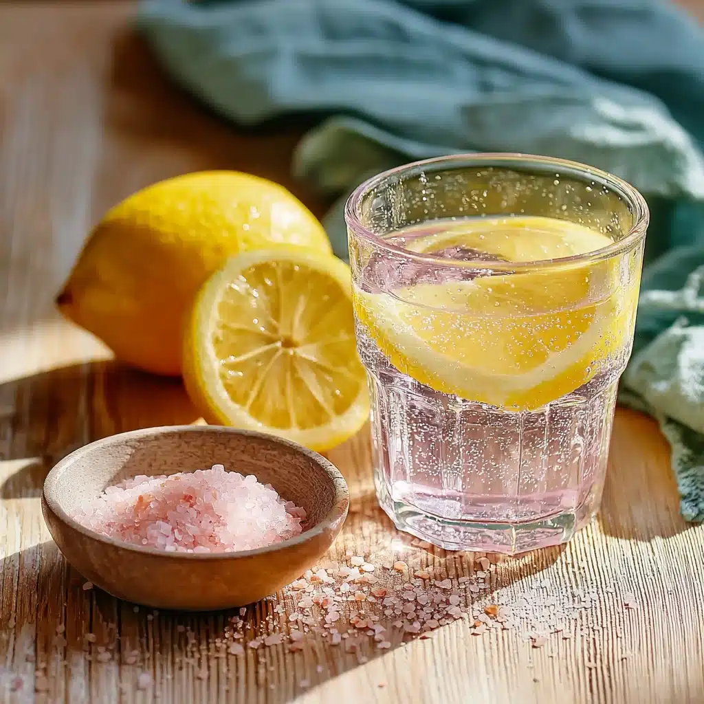Glass of pink Himalayan salt lemon water weight loss on wood with fresh lemons