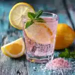 Glass of pink Himalayan salt lemon water for weight loss with lemon slice and mint