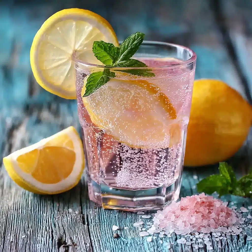 Glass of pink Himalayan salt lemon water for weight loss with lemon slice and mint