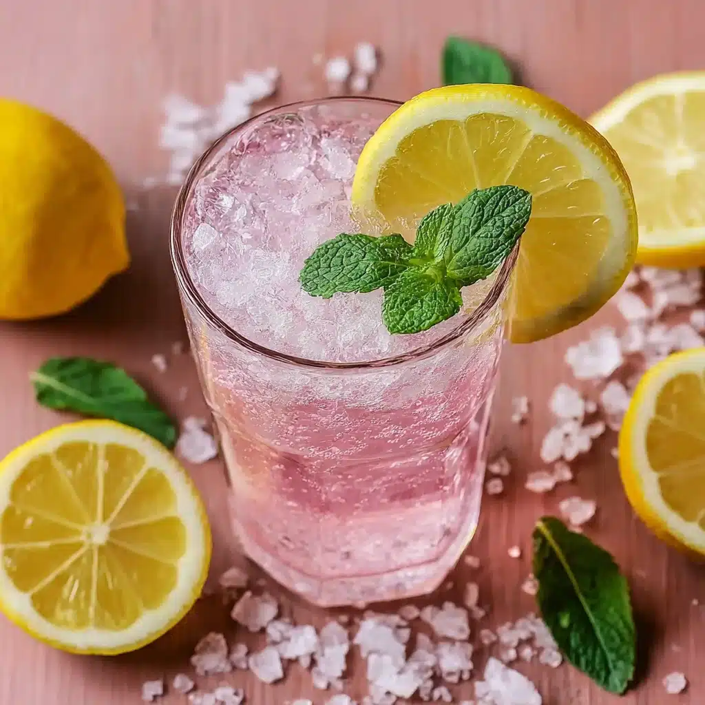 Top view of pink Himalayan salt lemon water weight loss with crushed ice, lemon slices, and mint