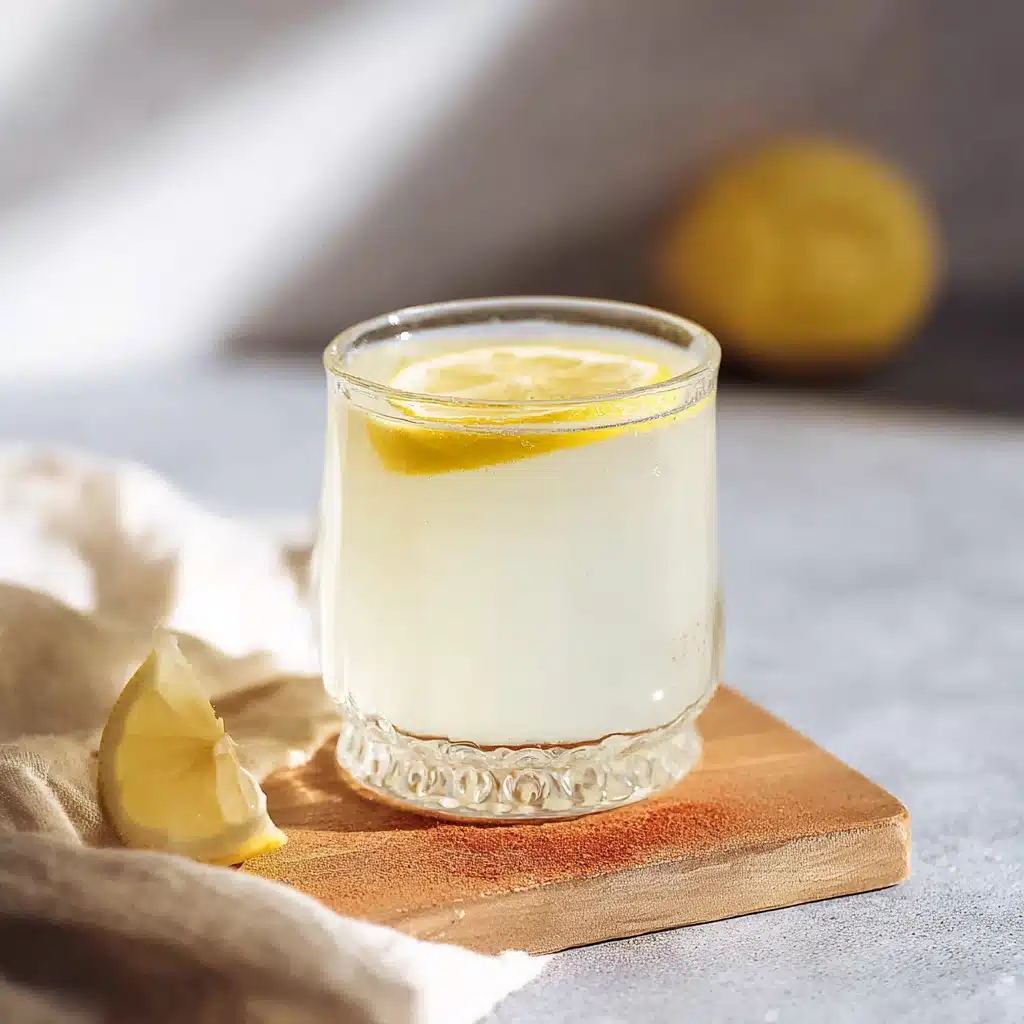 Glass of intermittent fasting salt water with lemon slice on wooden board in sunlight