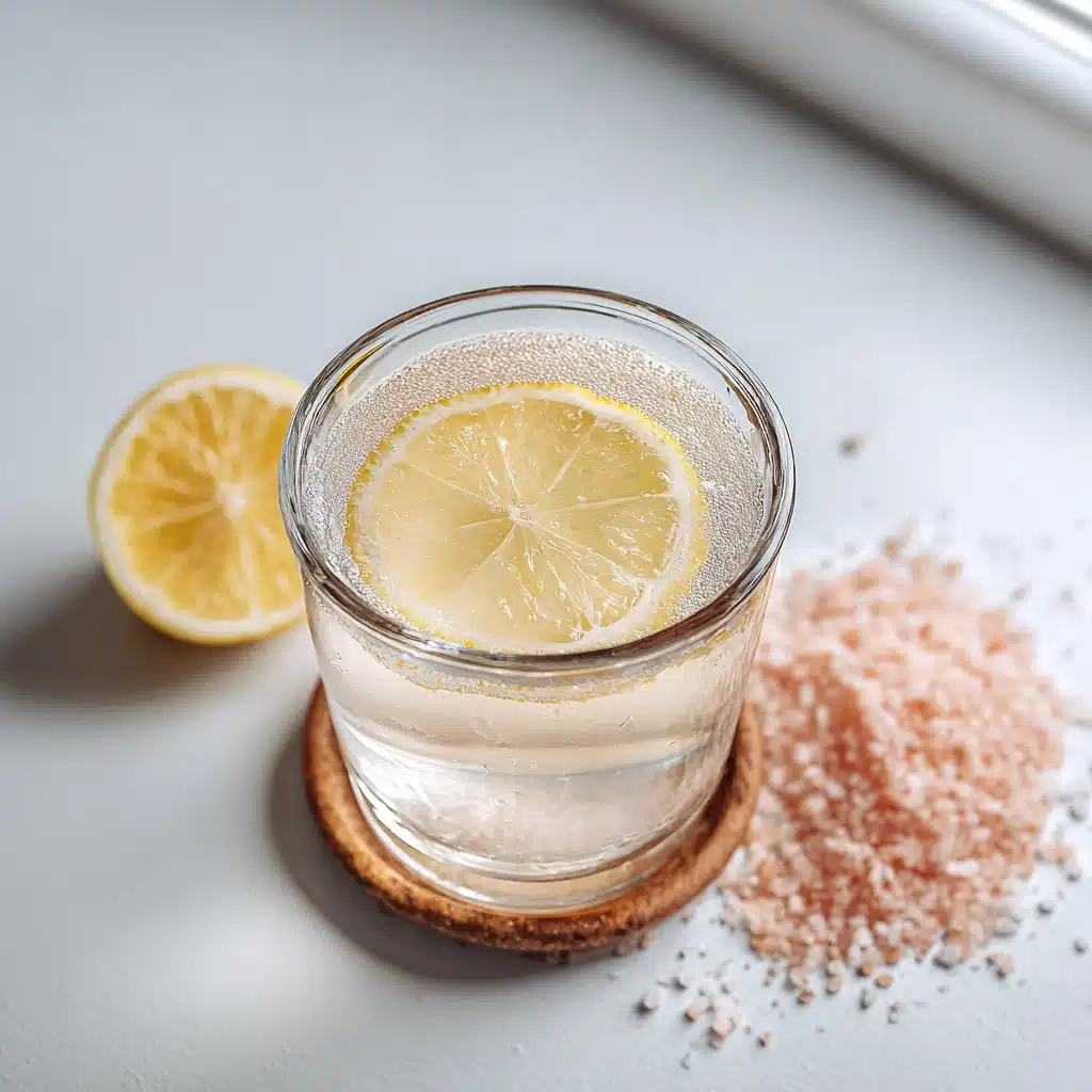 Top view of a glass of intermittent fasting salt water with lemon and pink salt