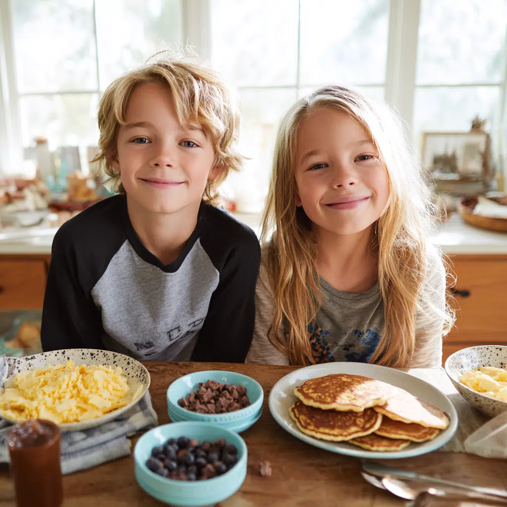 kids enjoying protein pancakes with toppings