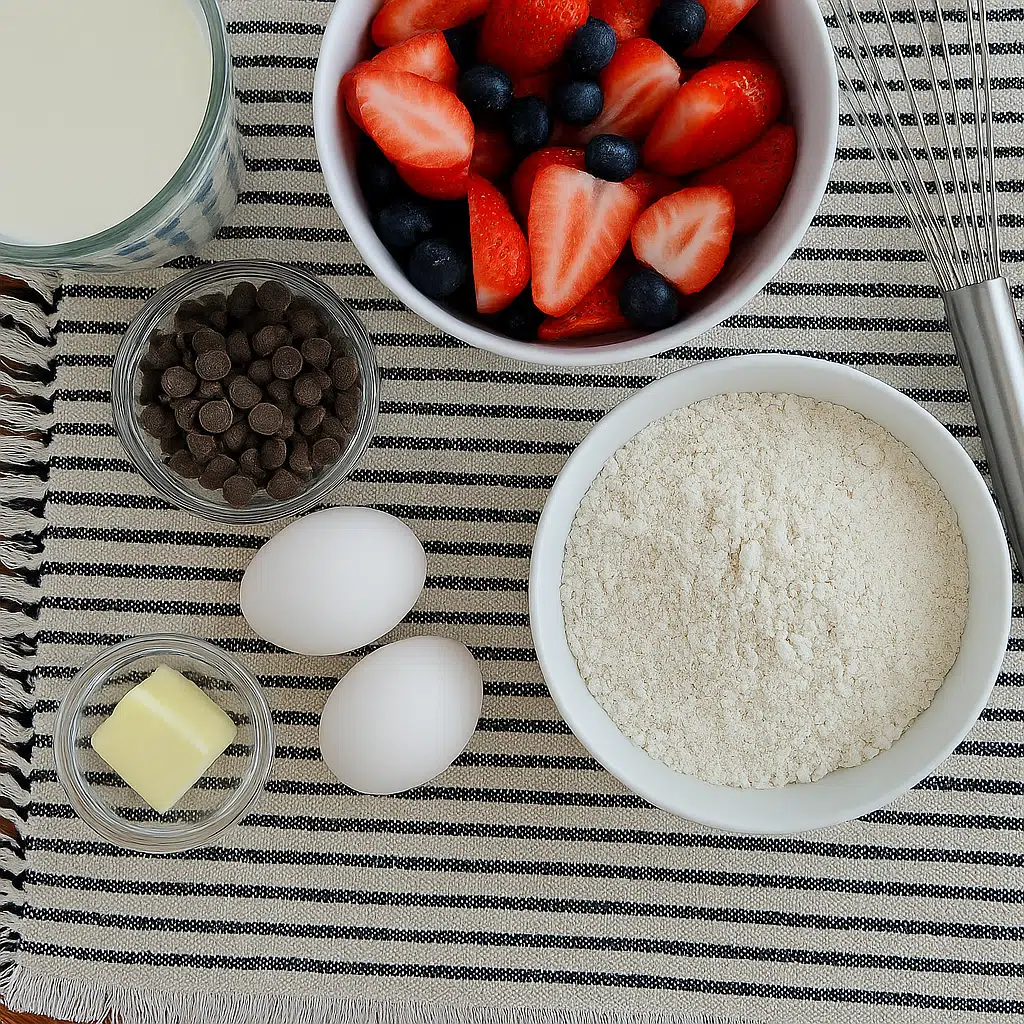 Kodiak Cakes Pancake Recipe ingredients including eggs, berries, chocolate chips, milk, and whisk on striped cloth