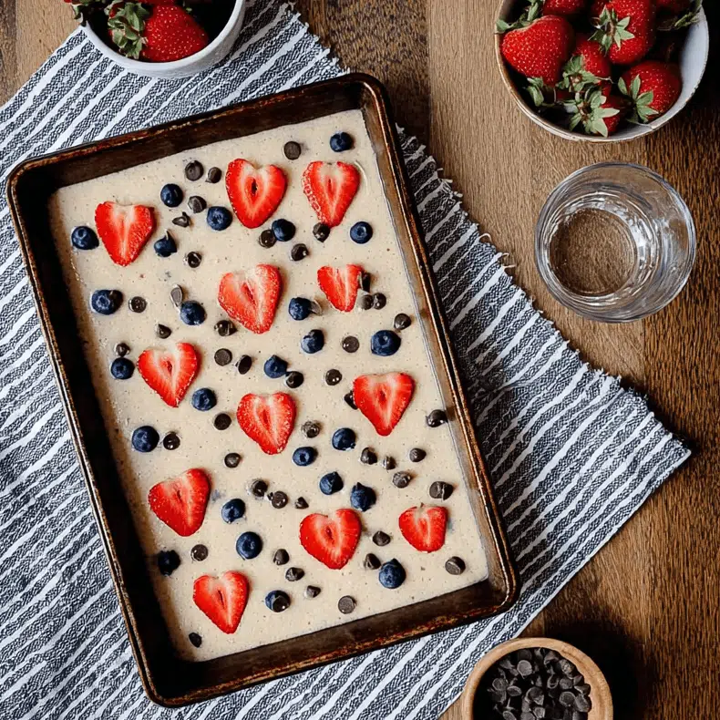 Unbaked Kodiak pancake batter in a baking tray topped with strawberries, blueberries, and chocolate chips