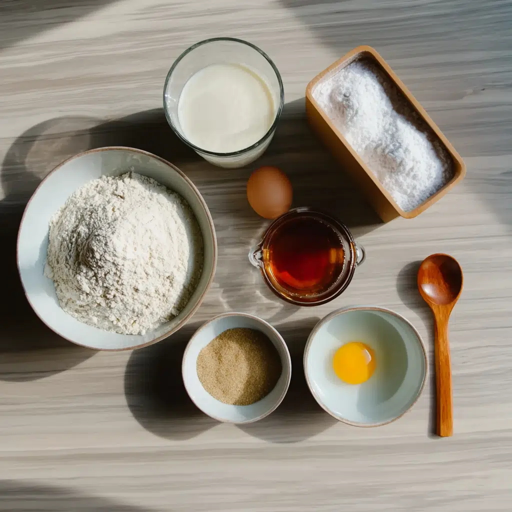 Kodiak pancake mix ingredients laid out on a neutral kitchen counter