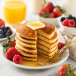 A tall stack of fluffy Kodiak protein pancakes topped with butter and syrup, served with berries and orange juice