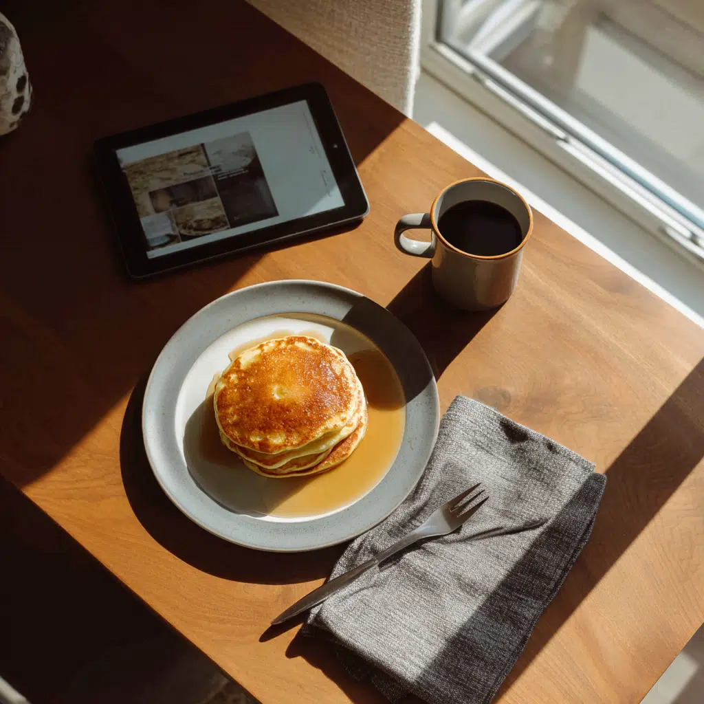 Digital recipe card with Kodiak pancakes and coffee on wood table