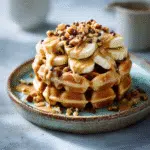 Stack of Kodiak waffles with banana slices, peanut butter drizzle, and chocolate chips on a rustic plate