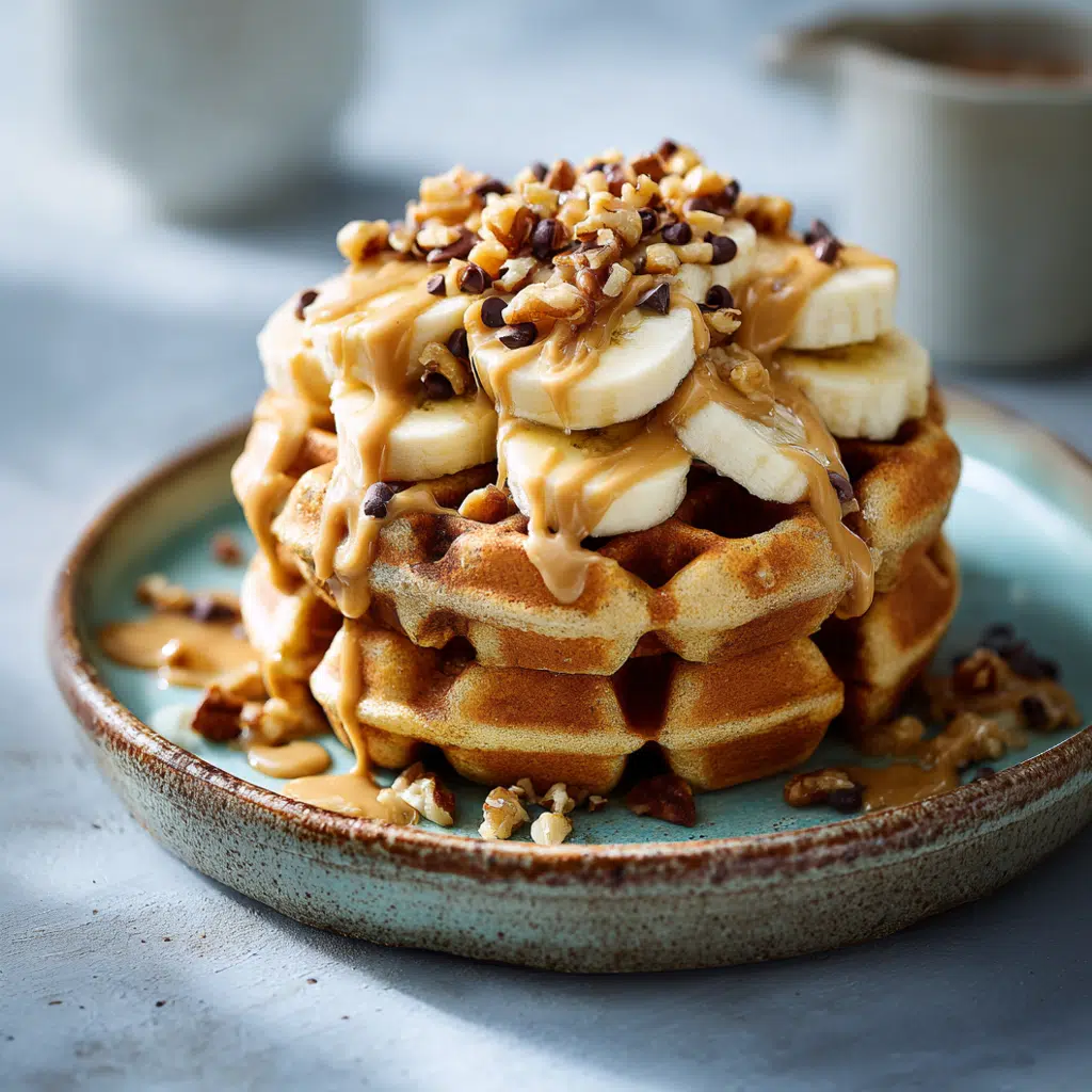 Stack of Kodiak waffles with banana slices, peanut butter drizzle, and chocolate chips on a rustic plate