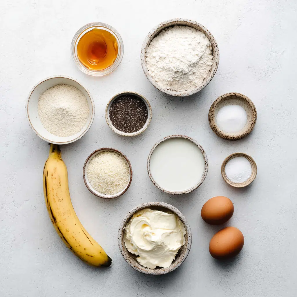 Flat lay of Kodiak waffle mix ingredients including banana, eggs, Greek yogurt, and chia seeds