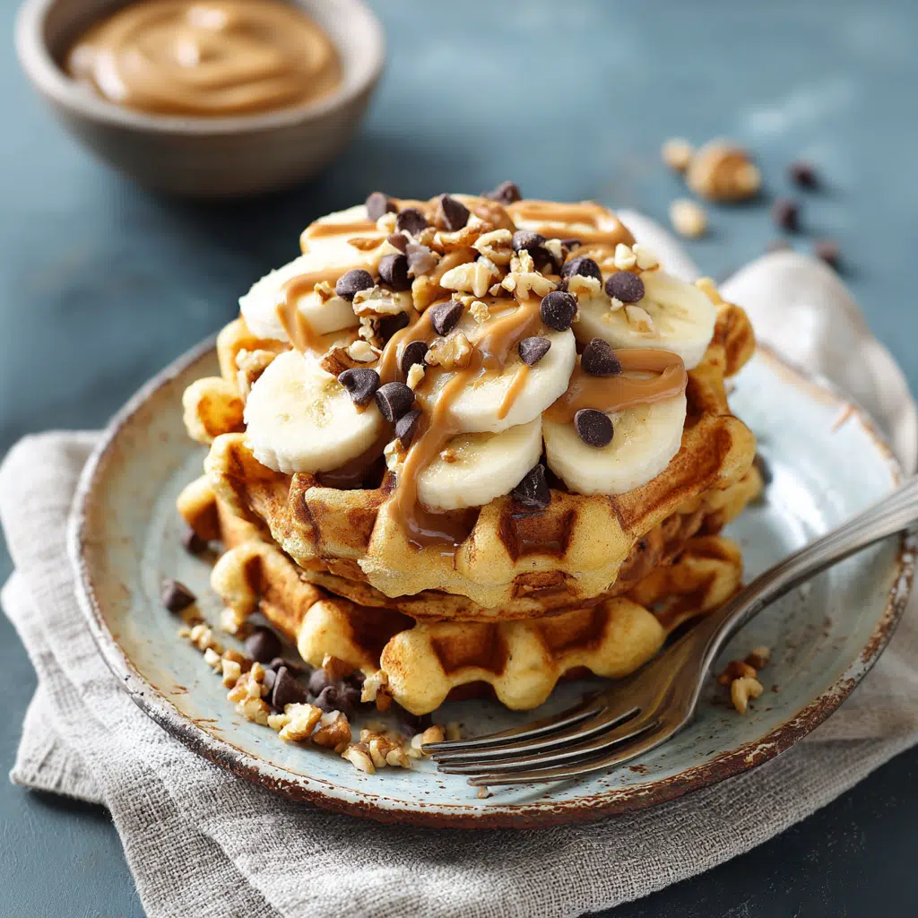 Stack of Kodiak waffles with banana slices, peanut butter drizzle, and chocolate chips