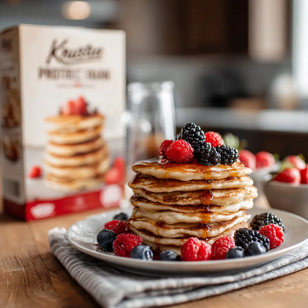 Krusteaz protein pancake mix with stack of buttermilk pancakes