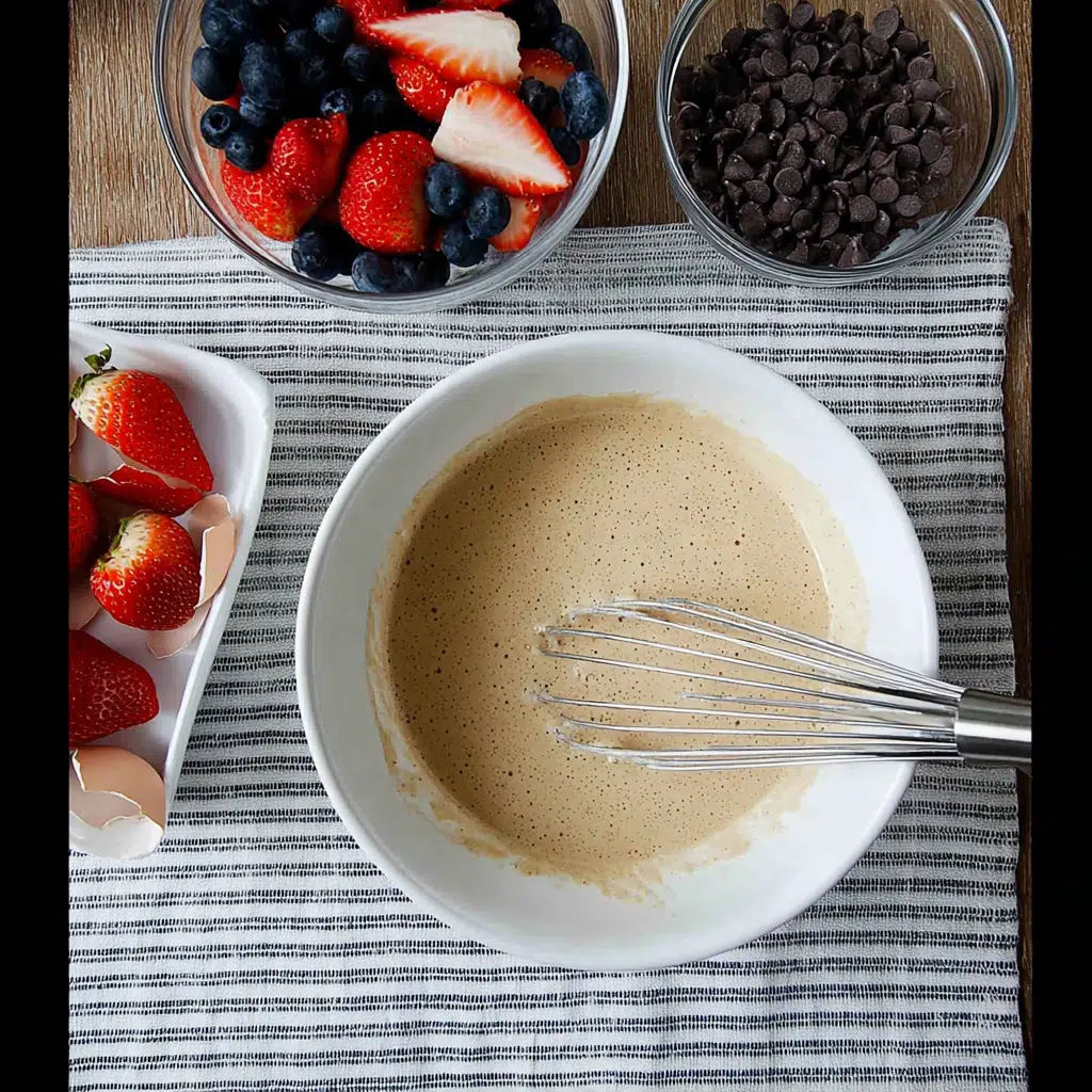 Kodiak Cakes Pancake Recipe batter being mixed with whisk and surrounded by berries, chocolate chips, and eggs