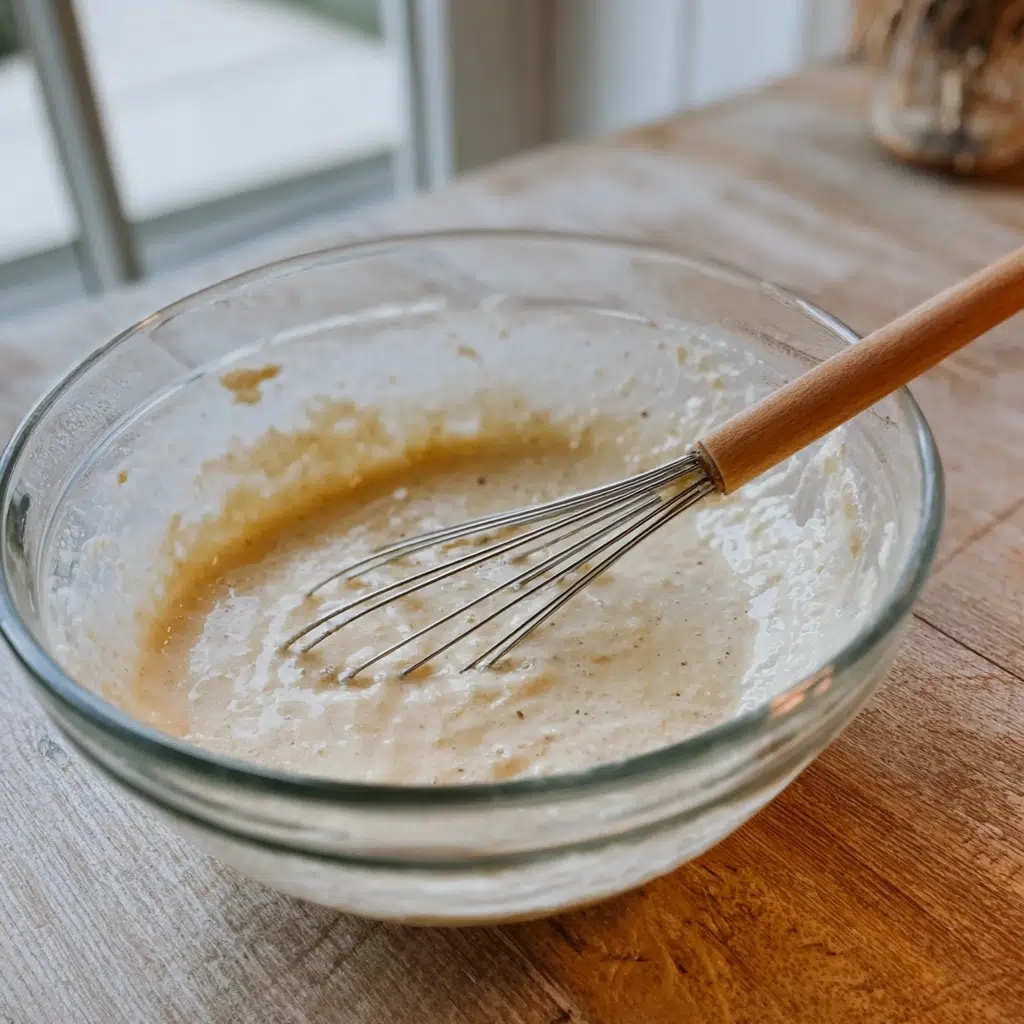 Stirring Kodiak pancake mix, buttermilk, and eggs in a mixing bowl