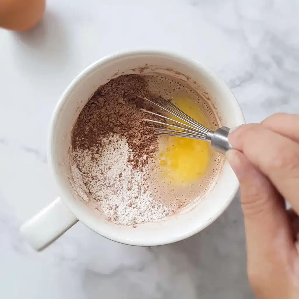 Hand stirring protein powder and egg in a white mug on marble countertop