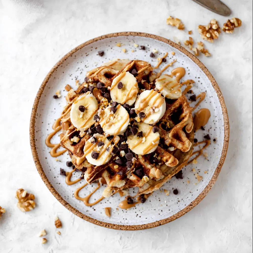 Top-down view of Kodiak waffles with banana, peanut butter, and chocolate chips