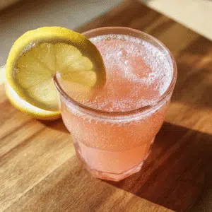 A glass of pink Himalayan salt weight loss drink with lemon