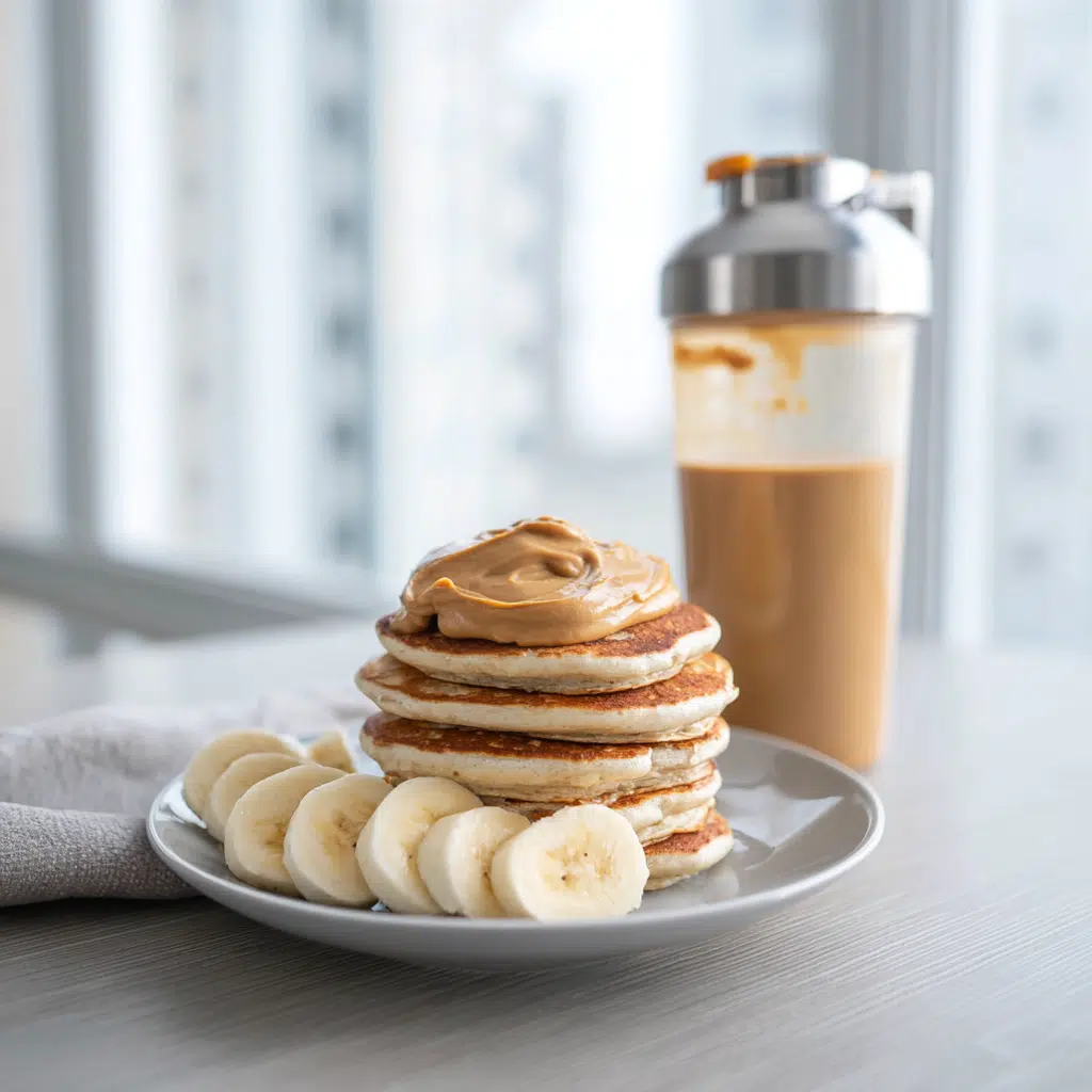 protein pancake mix post-workout meal with banana and peanut butter