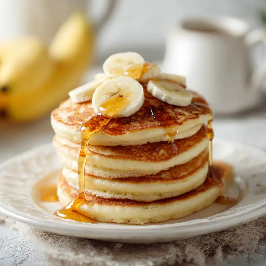 Protein cottage cheese pancakes stacked with banana and syrup
