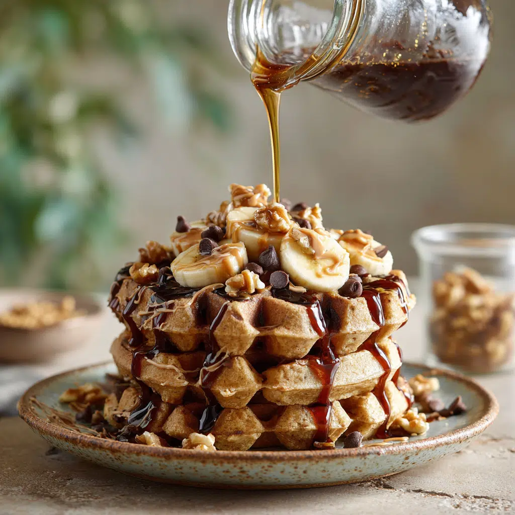Kodiak waffles stacked with banana, chocolate chips, and peanut butter, drizzled with syrup